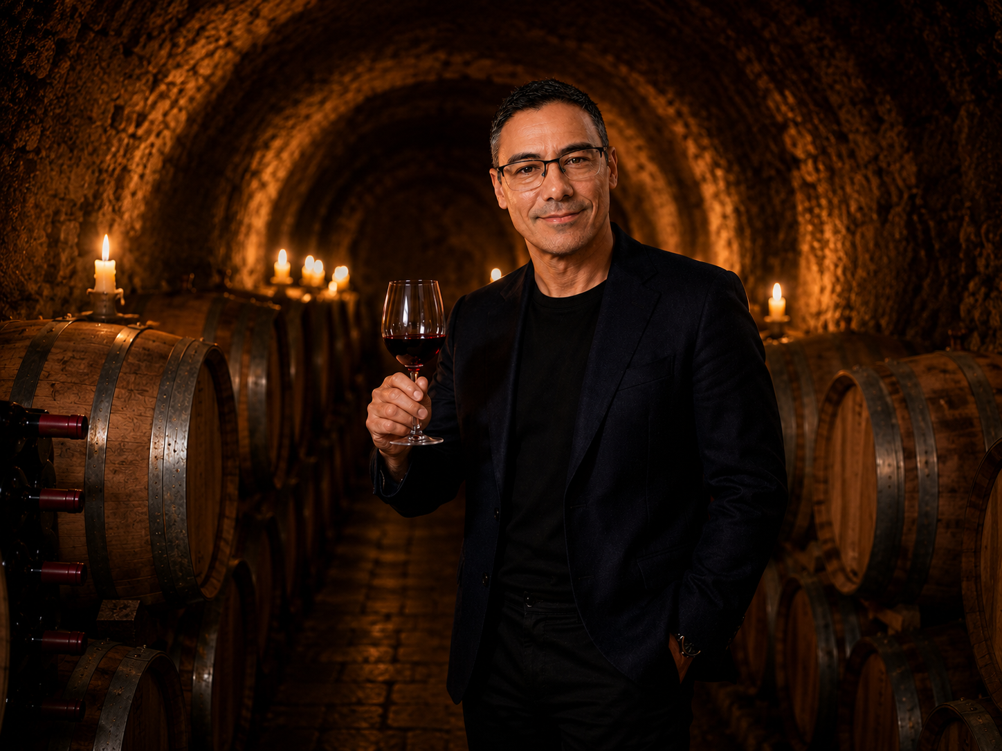 Retrato do formador principal numa cave de vinhos